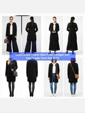 Luisa Cerano Tweed Open-Front Cardigan with Faux-Suede Trims Size M/10